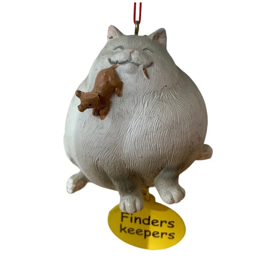 Fat Kitty Cat Holding Dog In Mouth FINDERS KEEPERS Tag Silly Figure Ornament